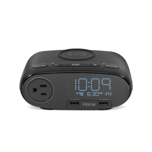 iHome HW6B Alarm Clock with Qi Wireless Charging 2 USB Ports and 1 AC Outlet, Black